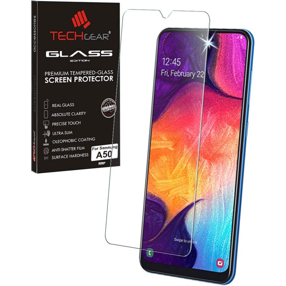 TECHGEAR GLASS Edition Compatible with Samsung Galaxy A50, Tempered Glass Screen Protector Cover [9H Hardness] [No-Bubble]