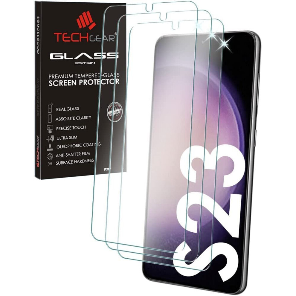 3 Pack TECHGEAR GLASS Edition Compatible with Samsung Galaxy S23 / S23 5G, Tempered Glass Screen Protector Covers [9H Hardness] [No-Bubble]