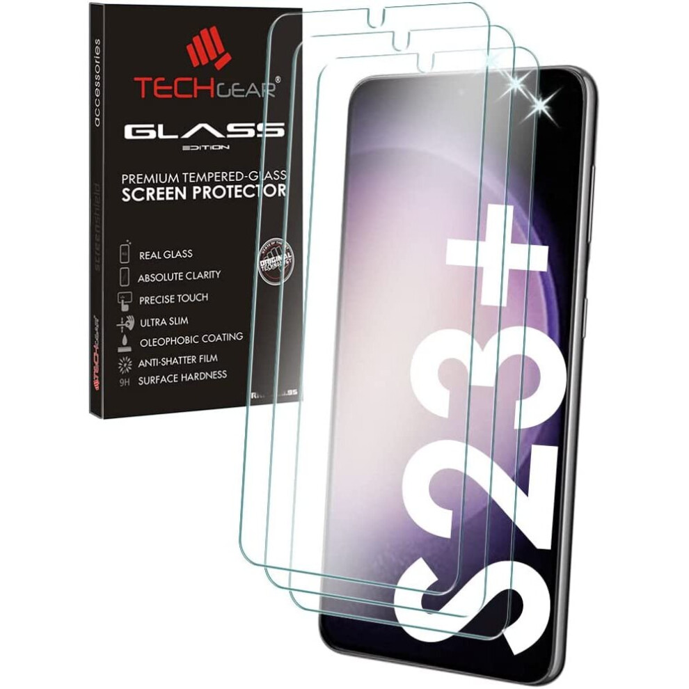 3 Pack TECHGEAR GLASS Edition Compatible with Samsung Galaxy S23 Plus / S23+ 5G, Tempered Glass Screen Protector Cover [9H Hardness] [No-Bubble]