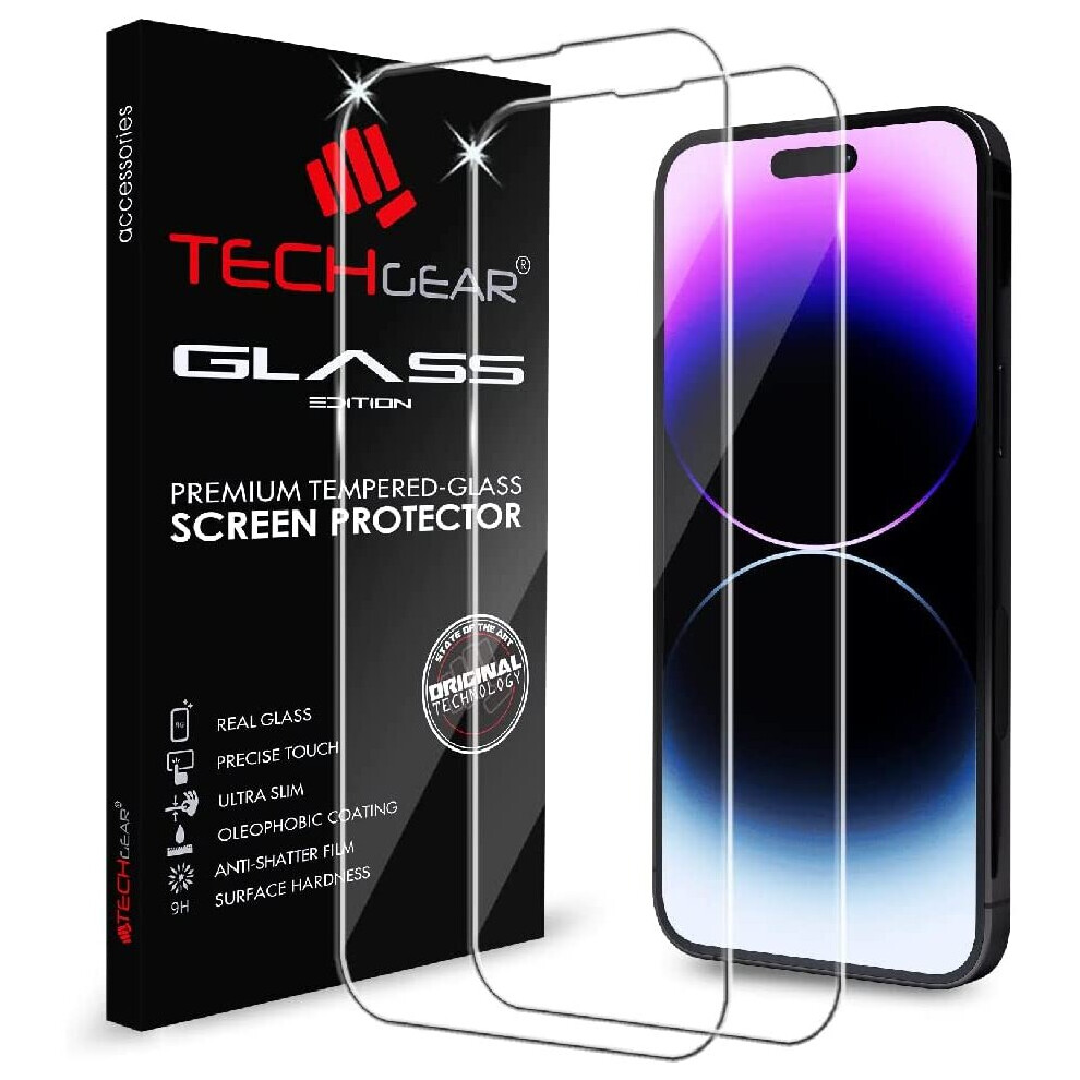 TECHGEAR [2 Pack] GLASS Edition for iPhone 14 Pro 6.1", Tempered Glass Screen Protectors Cover [9H Hardness] [No-Bubble]