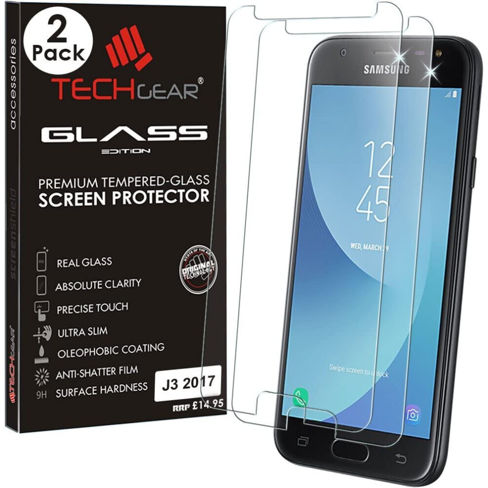 [2 Pack] TECHGEAR GLASS Edition for Galaxy J3 2017 (SM-J330 Series) - Genuine Tempered Glass Screen Protector s Compatible with Samsung Galaxy J3 2017