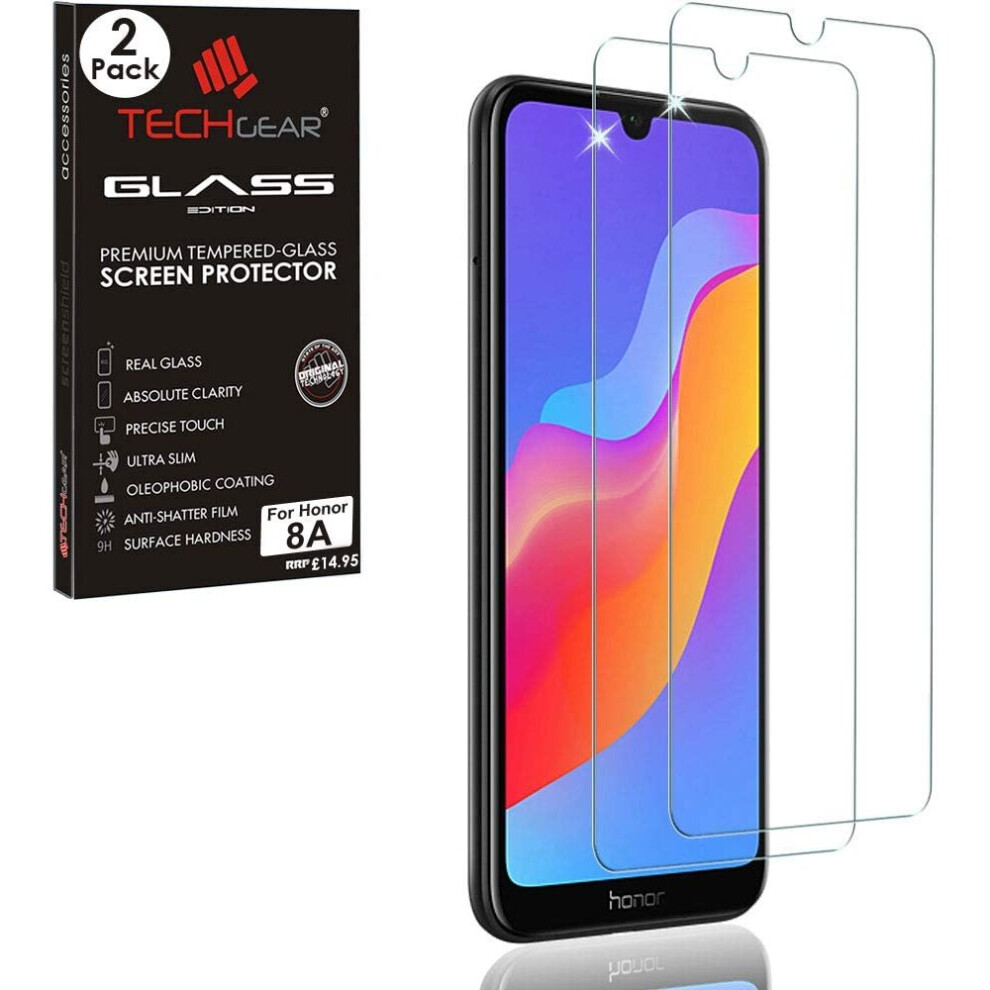 TECHGEAR [2 Pack] GLASS Edition Screen Protector Compatible with Honor 8A, Tempered Glass Screen Protector Cover [9H Hardness] [No-Bubble]