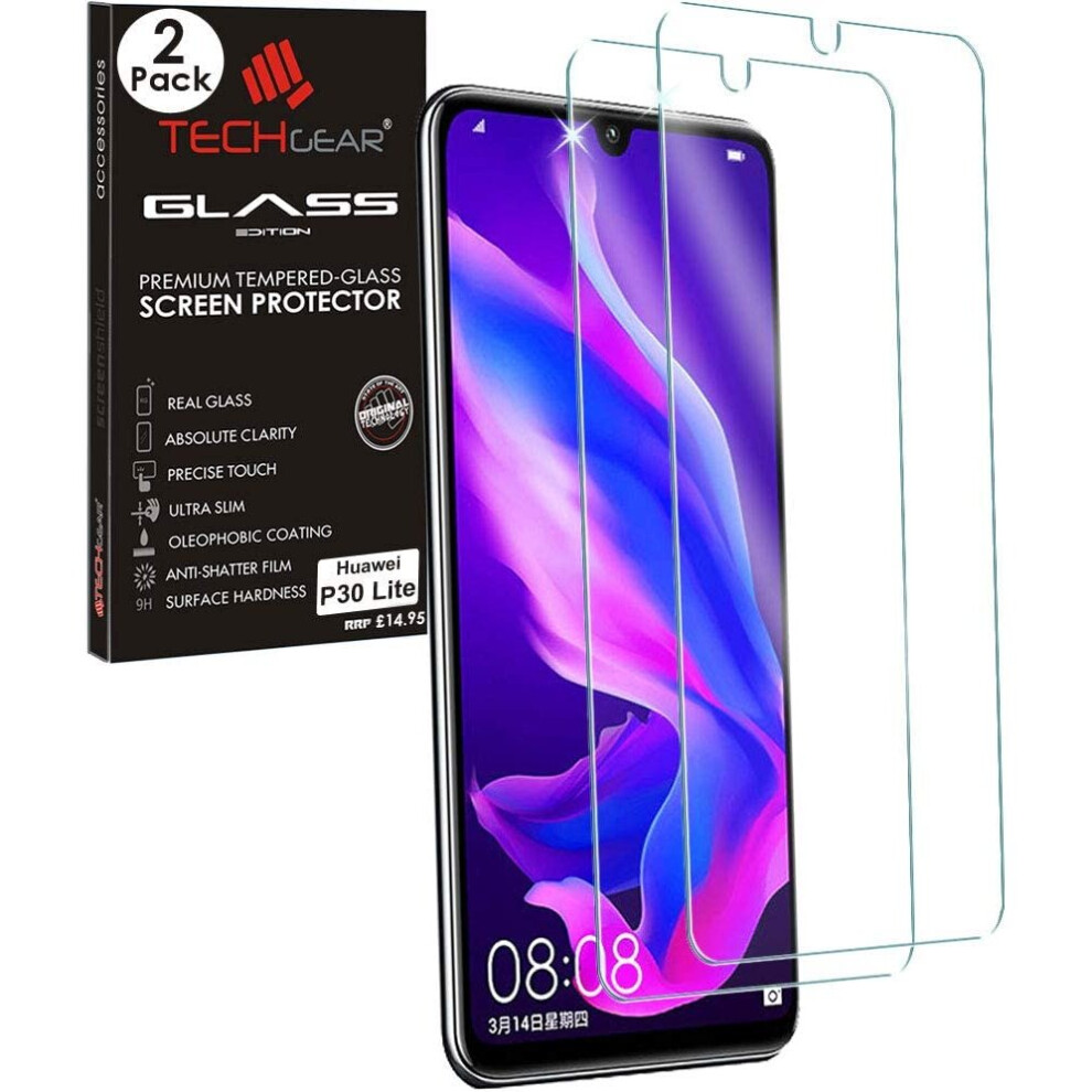 [2 Pack] Screen Protector fits Huawei P30 Lite, TECHGEAR GLASS Edition Genuine Tempered Glass Screen Protector Compatible with Huawei P30 Lite