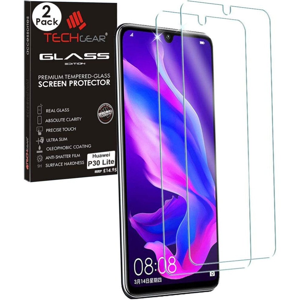 Techgear [2 Pack] Screen Protector Fits Huawei P30 Lite, Glass Edition Genuine Tempered Glass Screen Protector Compatible With Huawei P30 Lite