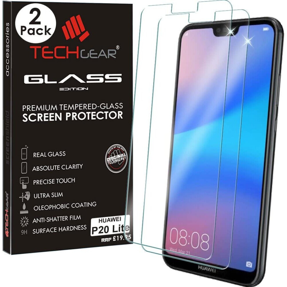 [2 Pack] TECHGEAR GLASS Edition for Huawei P20 Lite - Genuine Tempered Glass Screen Protector s Compatible with Huawei P20 Lite