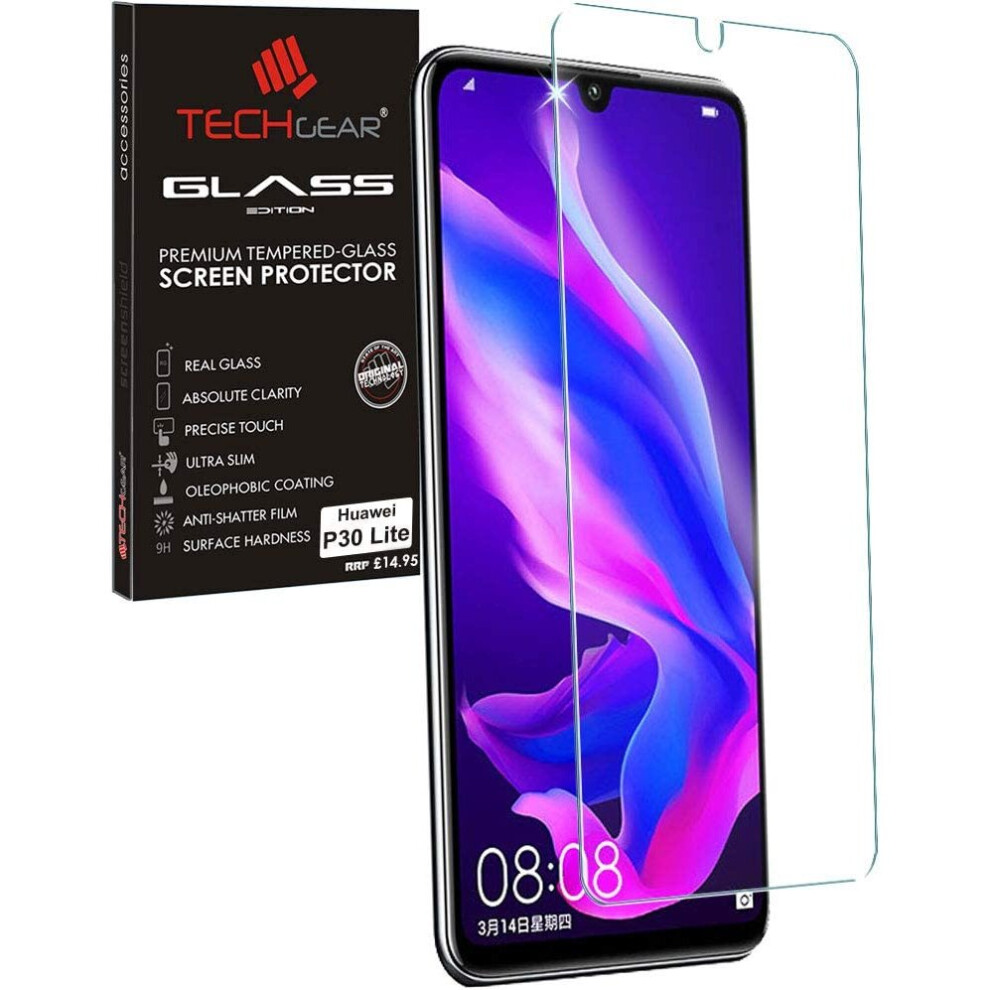 Techgear Screen Protector Fits Huawei P30 Lite, Glass Edition Genuine Tempered Glass Screen Protector Compatible With Huawei P30 Lite