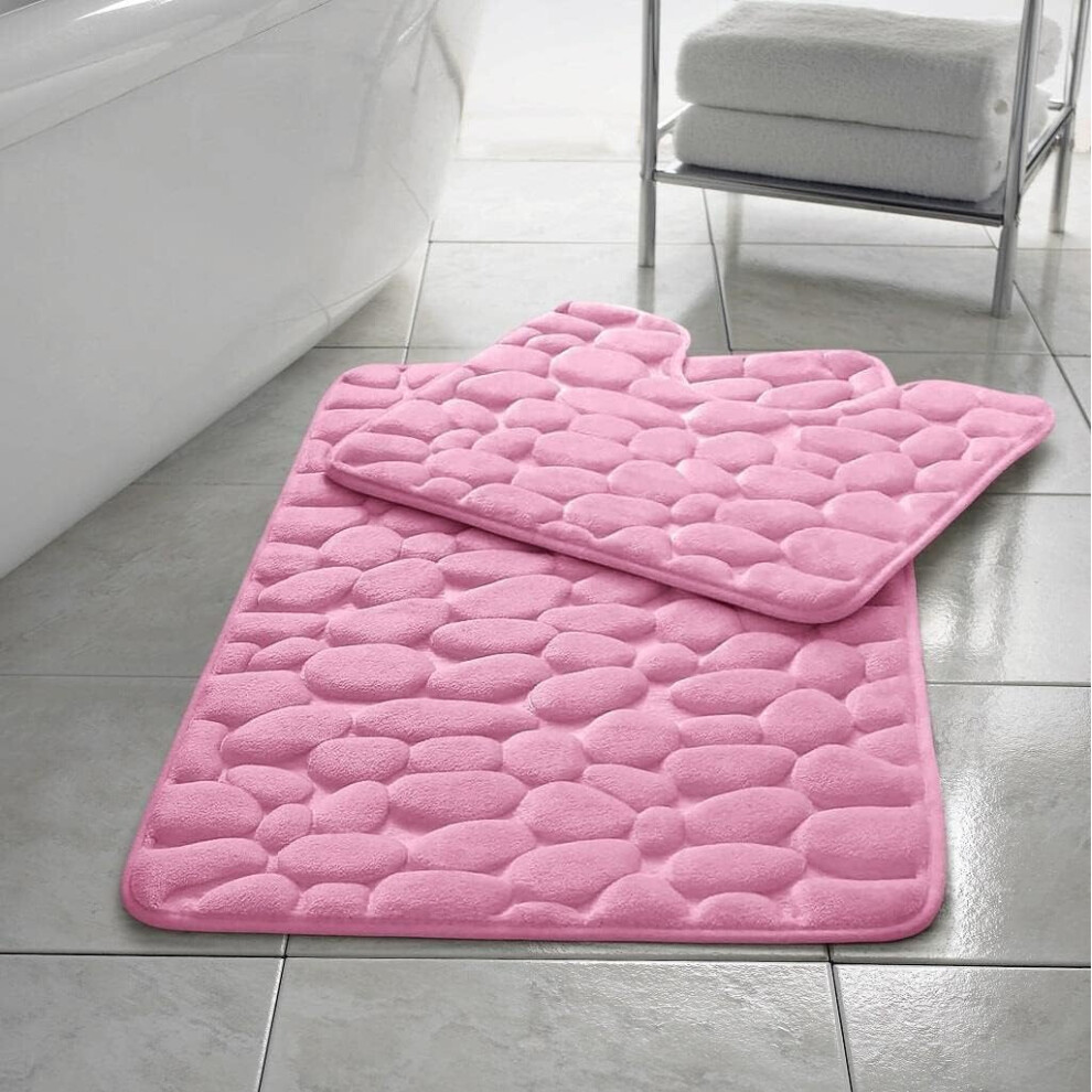 (Pink) Memory Foam Bath Mat Non- Slip / Toilet Mat Set Pebbles