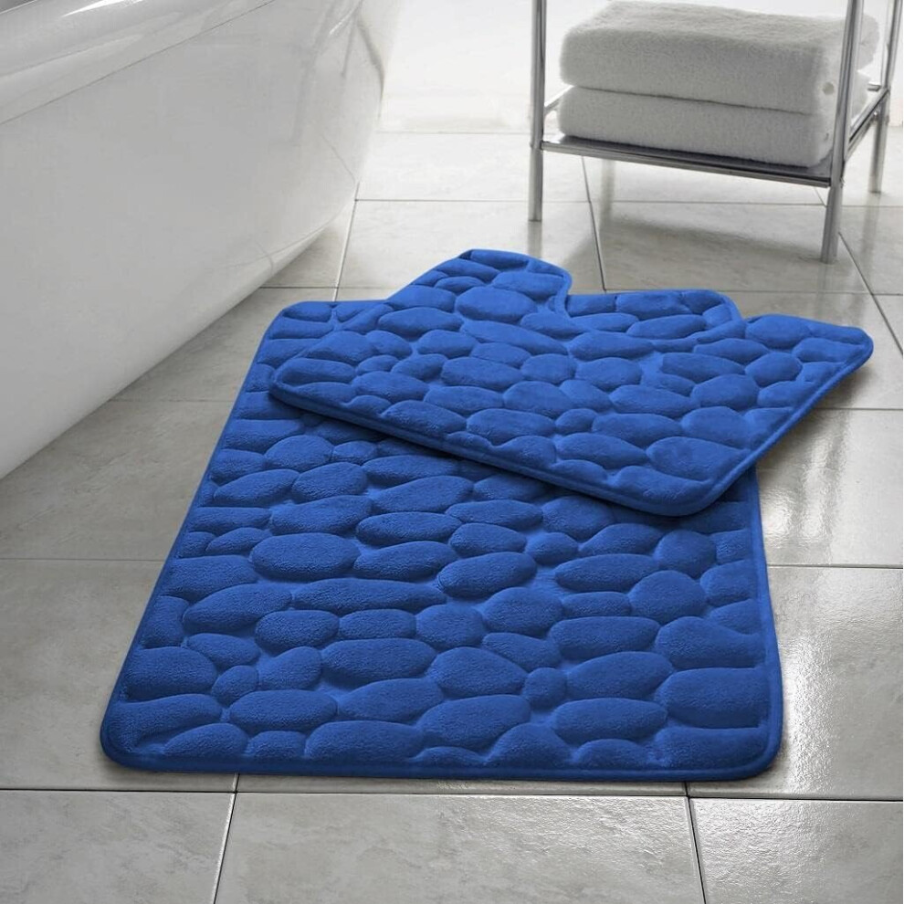 (Blue) Pebbles Non- Slip Memory Foam Bath Mat/ Toilet Mat Set