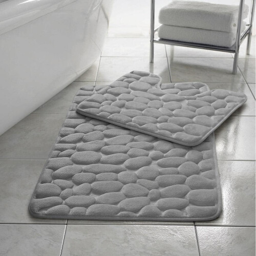 (Silver) Memory Foam Bath Mat Non- Slip / Toilet Mat Set Pebbles