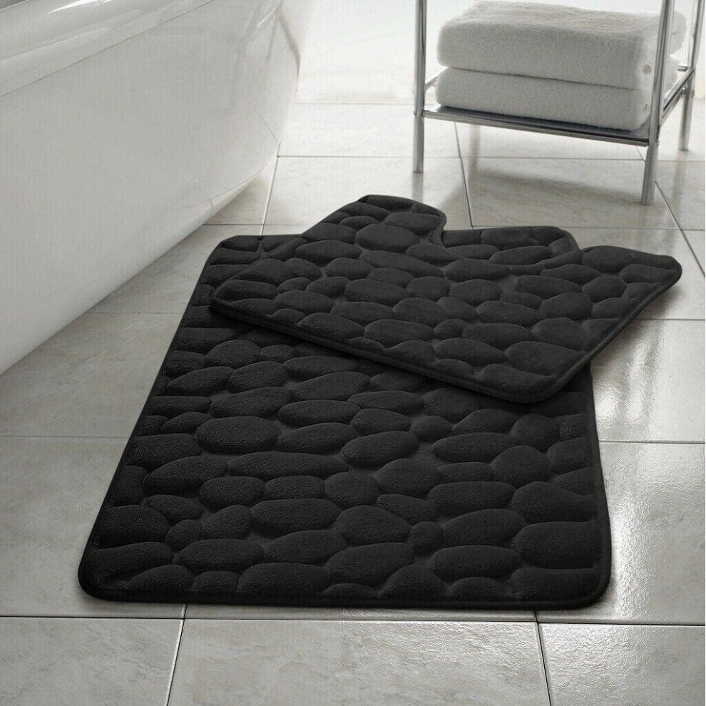 (Black) Memory Foam Bath Mat Non- Slip / Toilet Mat Set Pebbles