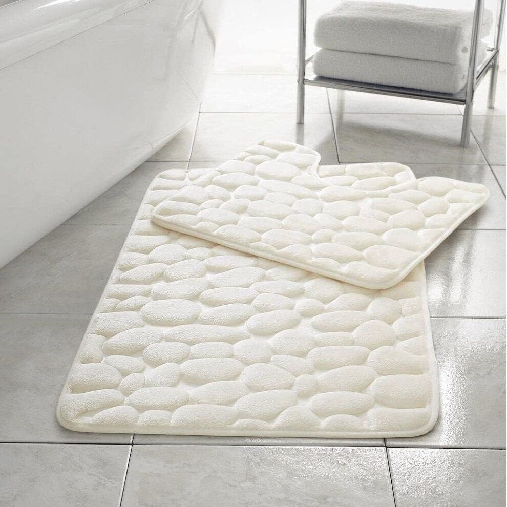 Kampala Hill (Cream) Memory Foam Bath Mat Non- Slip / Toilet Mat Set Pebbles