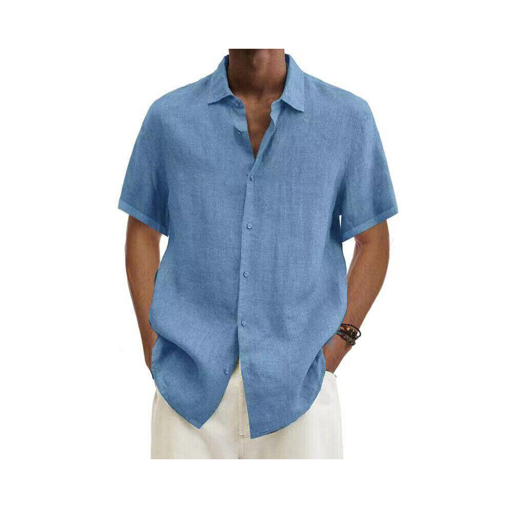 (Light Blue, XL) Mens Cotton Linen Short Sleeve Dress Shirt Button-down Baggy Solid Blouse Tops