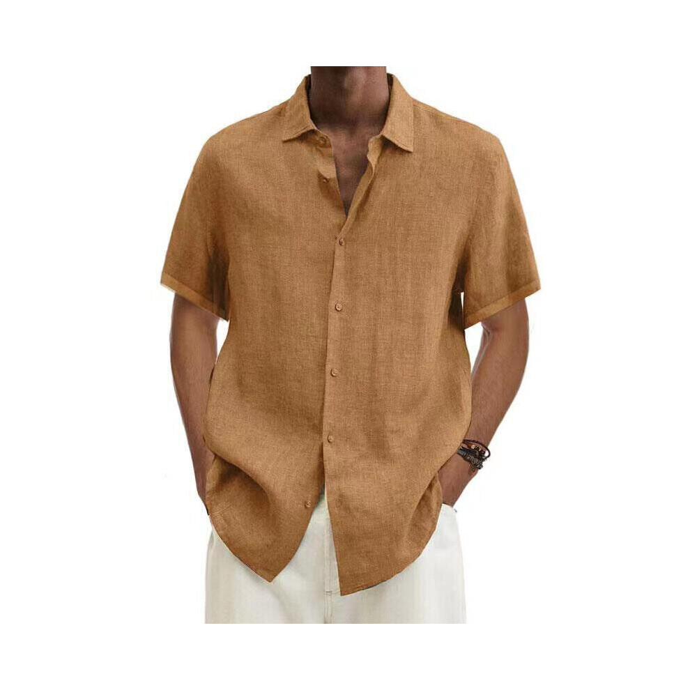 (Khaki, L) Mens Cotton Linen Short Sleeve Dress Shirt Button-down Baggy Solid Blouse Tops