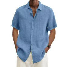 (Light Blue, M) Mens Cotton Linen Short Sleeve Dress Shirt Button-down Baggy Solid Blouse Tops