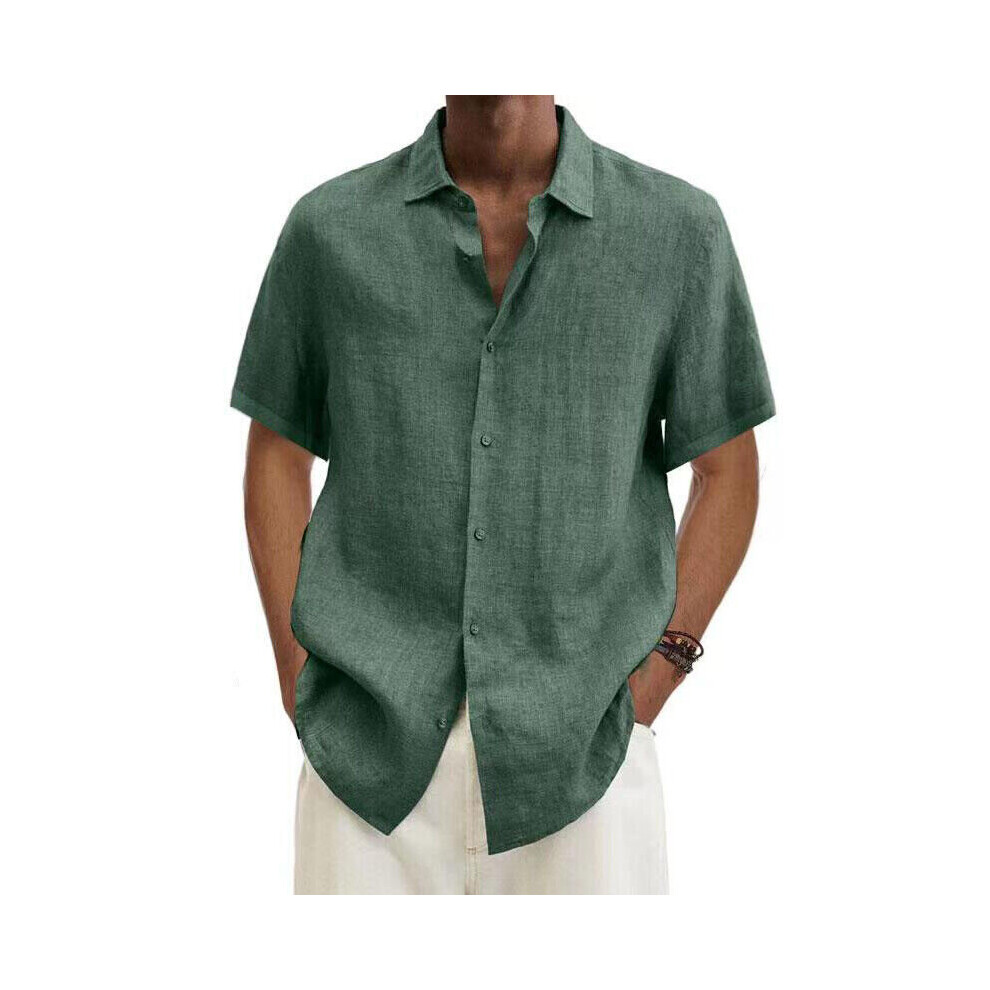 (Green, XL) Mens Cotton Linen Short Sleeve Dress Shirt Button-down Baggy Solid Blouse Tops