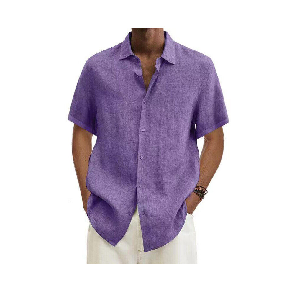 (Purple, 4XL) Mens Cotton Linen Short Sleeve Dress Shirt Button-down Baggy Solid Blouse Tops