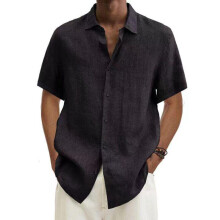 (Black, 5XL) Mens Cotton Linen Short Sleeve Dress Shirt Button-down Baggy Solid Blouse Tops