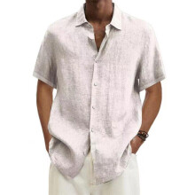(White, S) Mens Cotton Linen Short Sleeve Dress Shirt Button-down Baggy Solid Blouse Tops