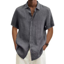 (Dark Gray, L) Mens Cotton Linen Short Sleeve Dress Shirt Button-down Baggy Solid Blouse Tops