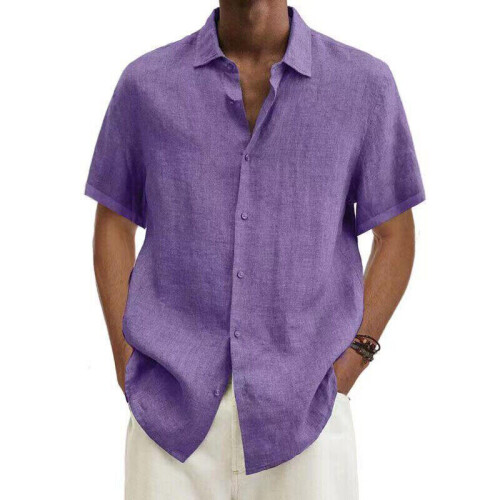 (Purple, 5XL) Mens Cotton Linen Short Sleeve Dress Shirt Button-down Baggy Solid Blouse Tops