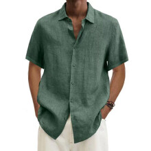 (Green, L) Mens Cotton Linen Short Sleeve Dress Shirt Button-down Baggy Solid Blouse Tops