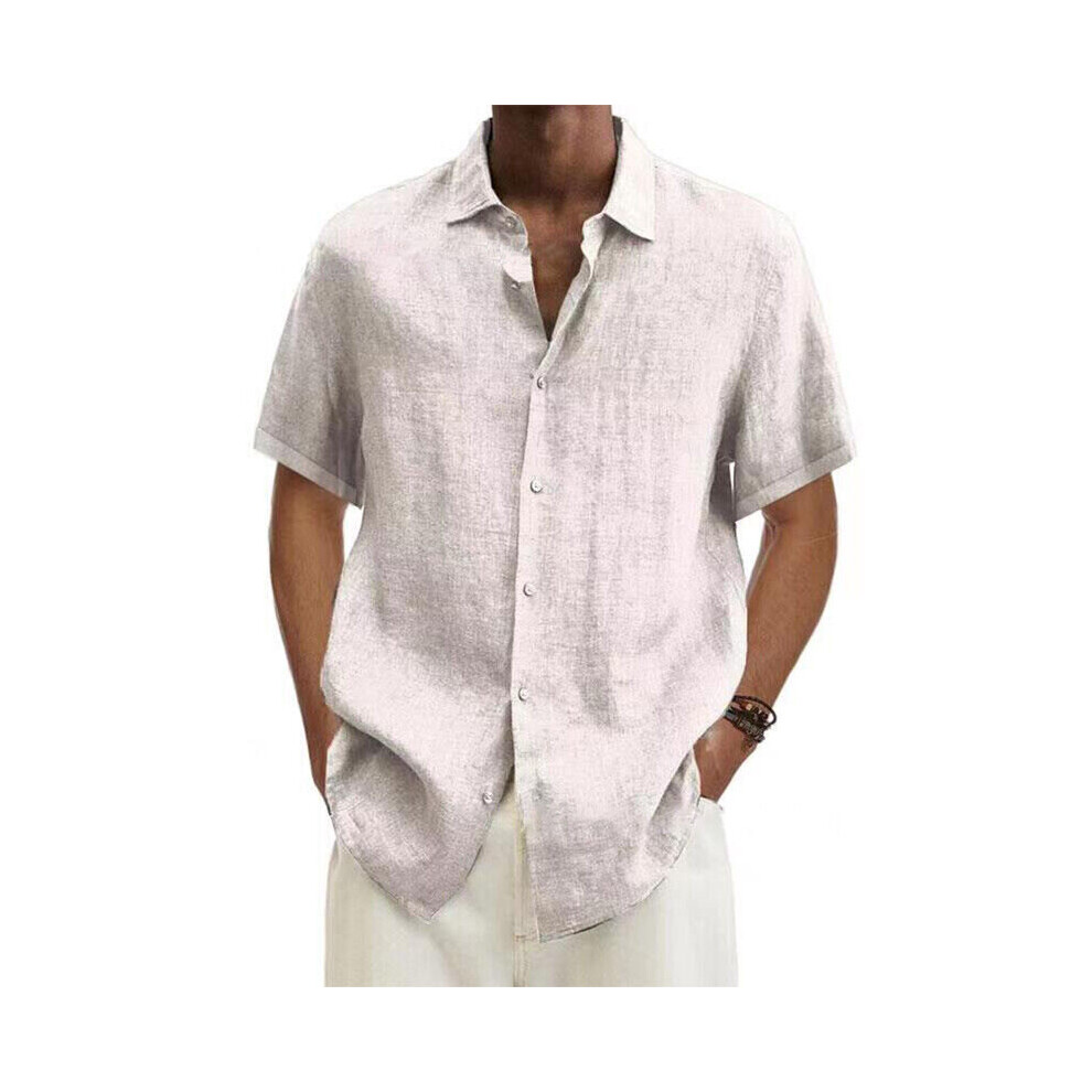 (White, M) Mens Cotton Linen Short Sleeve Dress Shirt Button-down Baggy Solid Blouse Tops