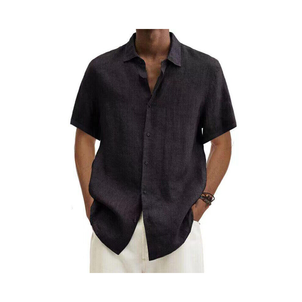 (Black, 3XL) Mens Cotton Linen Short Sleeve Dress Shirt Button-down Baggy Solid Blouse Tops