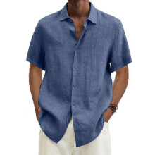 (Blue, 2XL) Mens Cotton Linen Short Sleeve Dress Shirt Button-down Baggy Solid Blouse Tops
