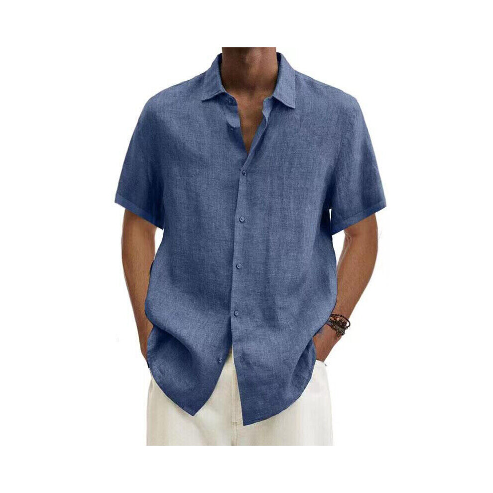 (Blue, 2XL) Mens Cotton Linen Short Sleeve Dress Shirt Button-down Baggy Solid Blouse Tops