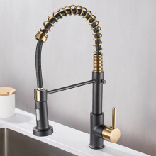 (Black + Gold) Gold Kitchen Faucet,Gold Spring Faucet,Gold Kitchen Sink Faucet with Pull Down Brass Sprayer,High Arc Single Handle Kitchen Sink Faucet