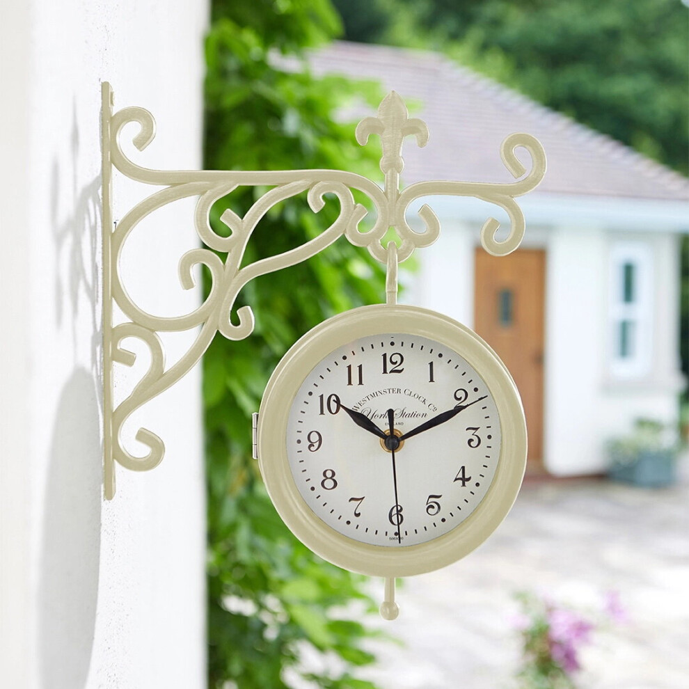 Antique Cream Station Clock & Thermometer Wall Mounted Outdoor Garden Accessory