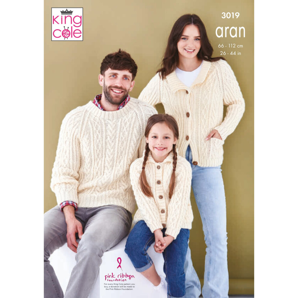 King Cole 3019 Aran Knitting Pattern Adults Kids Cardigans & Sweater