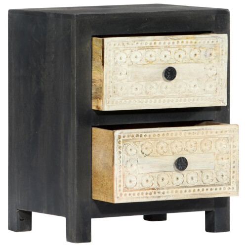 VidaXL vidaXL Solid Mango Wood Hand Carved Bedside Cabinet Grey 40x30x50cm Storage 2