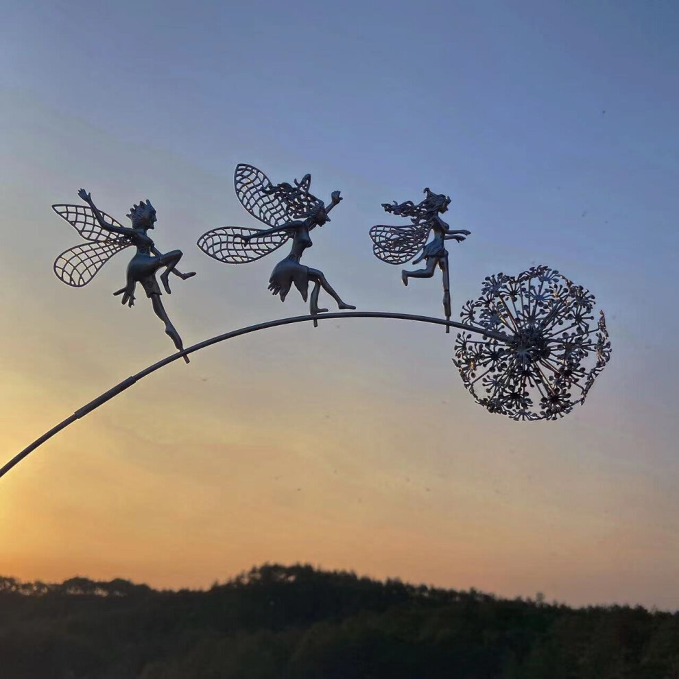 (C) Fairy Garden Crafts Sculptures Stake Fairies and Dandelions Dance Landscape Metal Three-dimensional Lawn Decorative