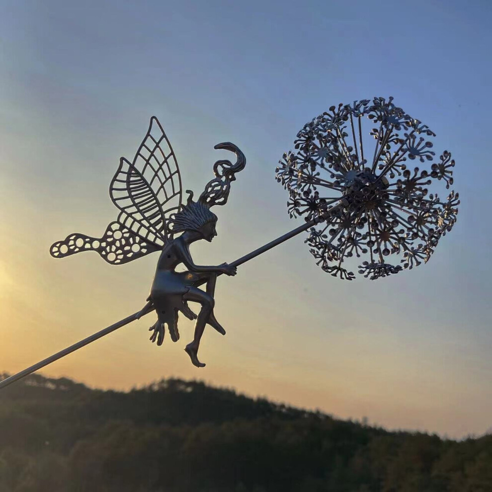 (H) Fairy Garden Crafts Sculptures Stake Fairies and Dandelions Dance Landscape Metal Three-dimensional Lawn Decorative