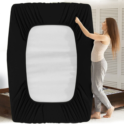 (BLACK, KING) Extra Deep 25CM Fitted Bed Sheet All Size UK