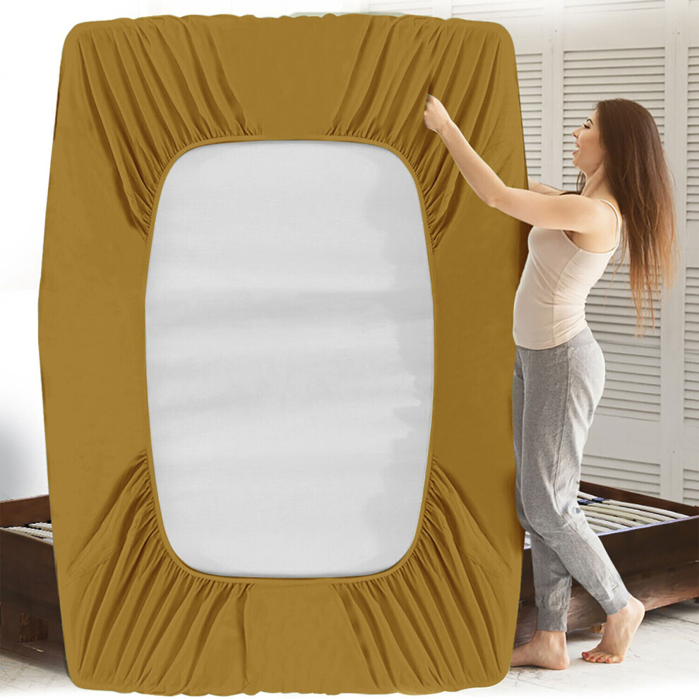 (OCHRE, DOUBLE) Extra Deep 25CM Fitted Bed Sheet All Size UK
