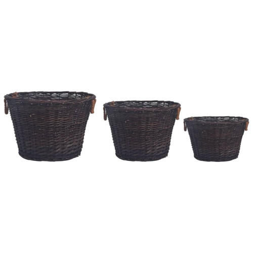 vidaXL 3 Piece Stackable Firewood Basket Set Dark Brown Willow Holder Carrier 2