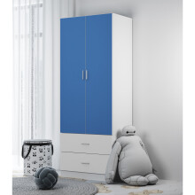 (Blue Carcass + White Drawers) Wooden 2 Door 2 Drawer Kids Wardrobe Hanging Bar