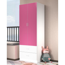 (Pink Carcass + White Drawers) Wooden 2 Door 2 Drawer Kids Wardrobe Hanging Bar