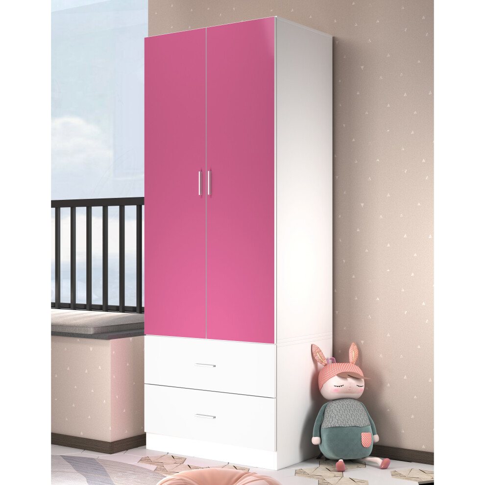 (Pink Carcass + White Drawers) Wooden 2 Door 2 Drawer Kids Wardrobe Hanging Bar