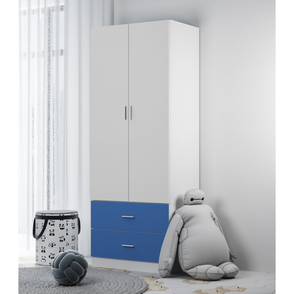 (White Carcass + Blue Drawers) Wooden 2 Door 2 Drawer Kids Wardrobe Hanging Bar