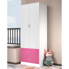 (White Carcass + Pink Drawers) Wooden 2 Door 2 Drawer Kids Wardrobe Hanging Bar