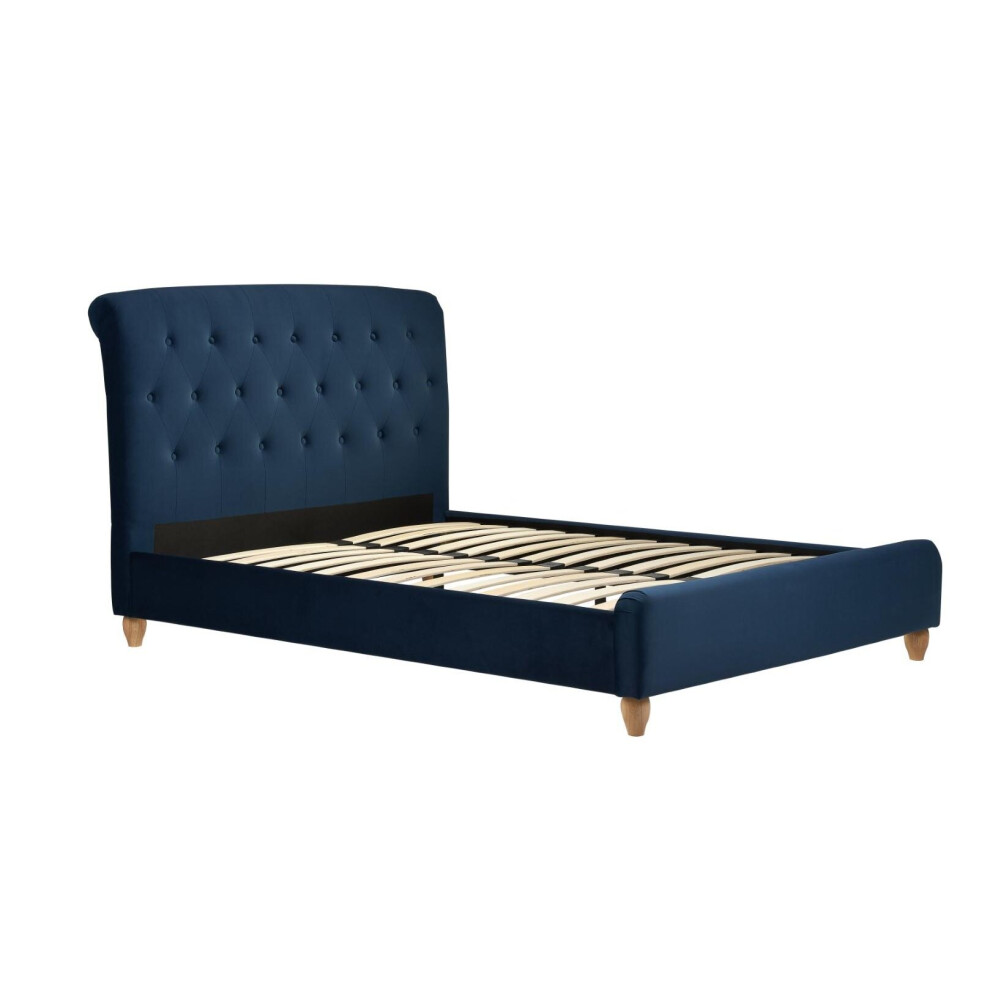 Blue Small Double Bed Frame Brompton Upholstered Headboard 120cm 4FT Wood Fabric