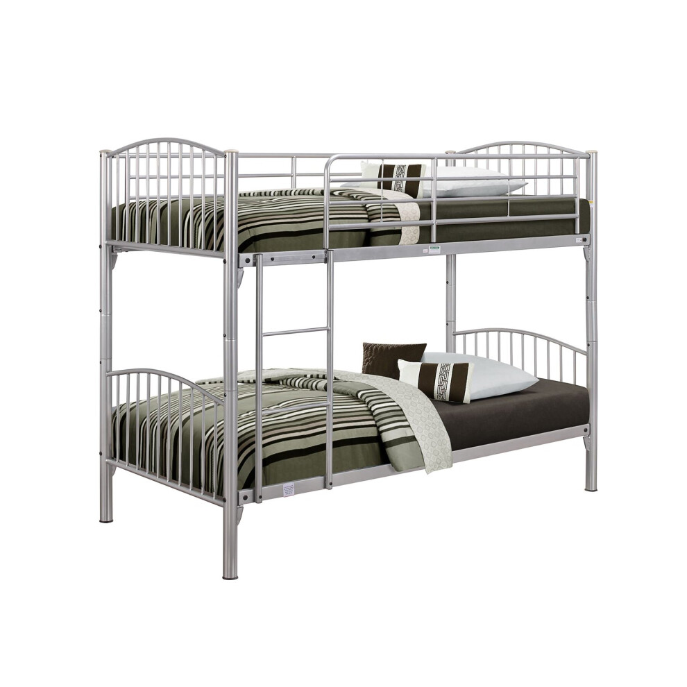 Corfu Metal Bunkbed Single 90cm 3FT  Bunk Bed with Beech Post Caps in Silver