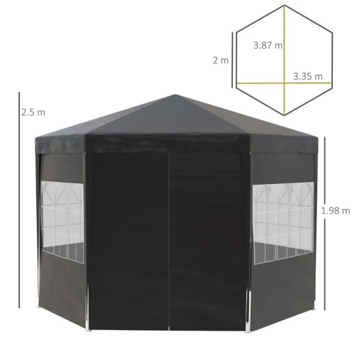6 Removable Side Walls Hexagonal Black Metal, PE Gazebo 4m 2