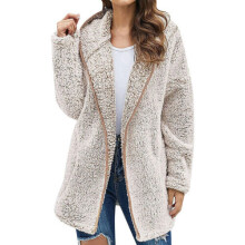 (Khaki, L= UK Size 14) Womens Winter Warm Teddy Bear Long Sleeve Coat Fleece Fluffy Hooded Jacket Tops