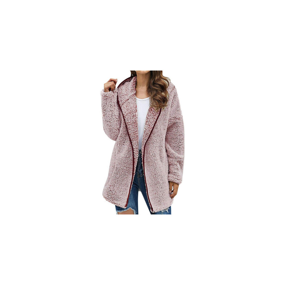 (Dark Pink , L= UK Size 14) Womens Winter Warm Teddy Bear Long Sleeve Coat Fleece Fluffy Hooded Jacket Tops