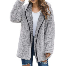 (Dark Grey, L= UK Size 14) Womens Winter Warm Teddy Bear Long Sleeve Coat Fleece Fluffy Hooded Jacket Tops