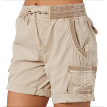 (Khaki, XL) Womens High Waist Cargo Shorts Ladies Casual Loose Cotton Linen Solid Hot Pants